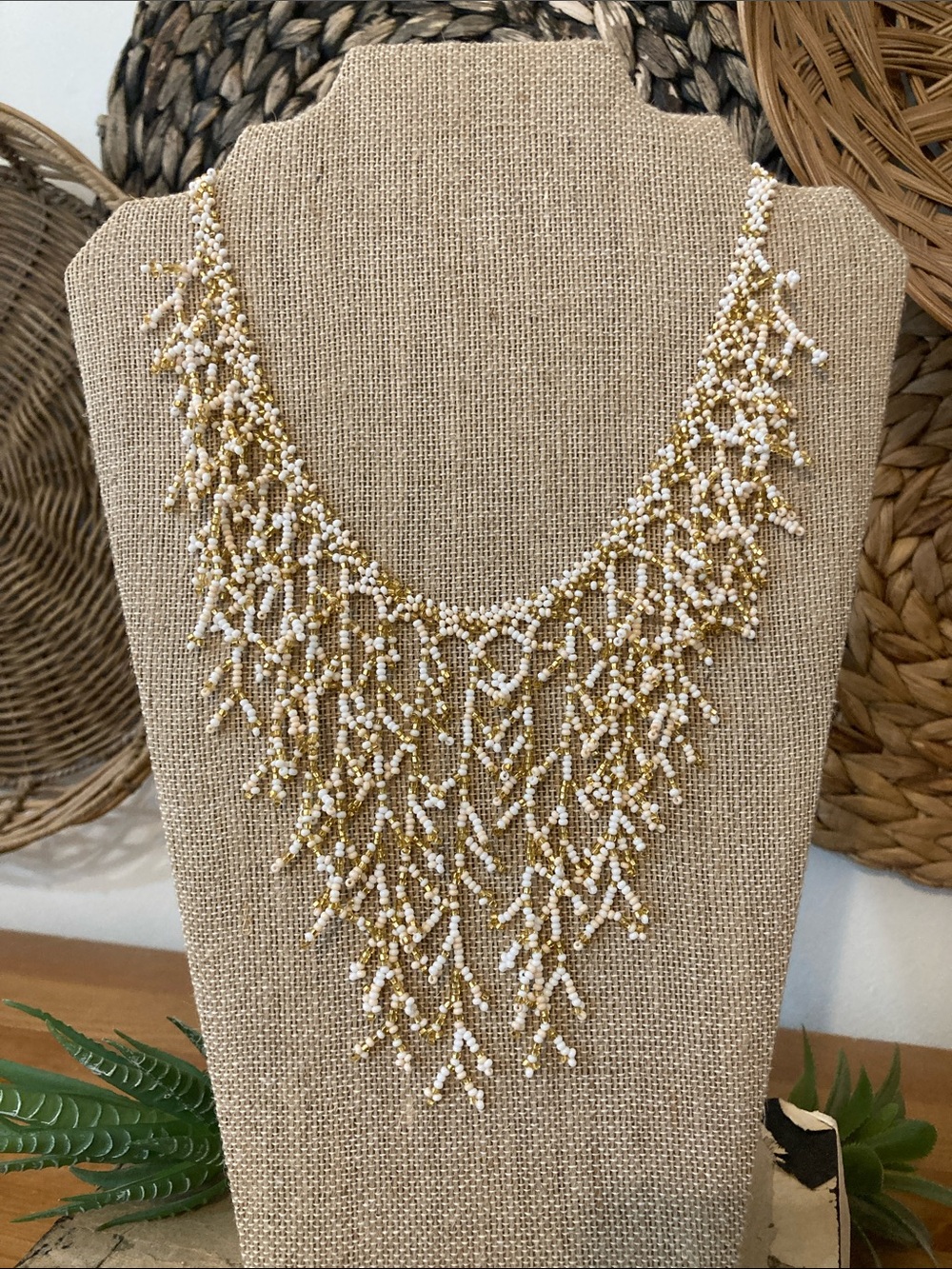Handmade seed bead fringe necklace